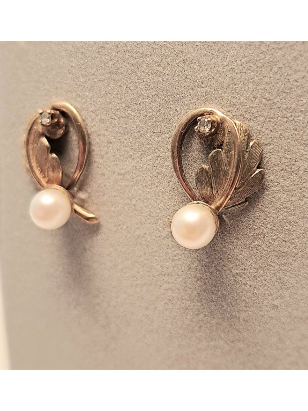 Vintage Gold Colored Leaf Purl and Diamond Earrings